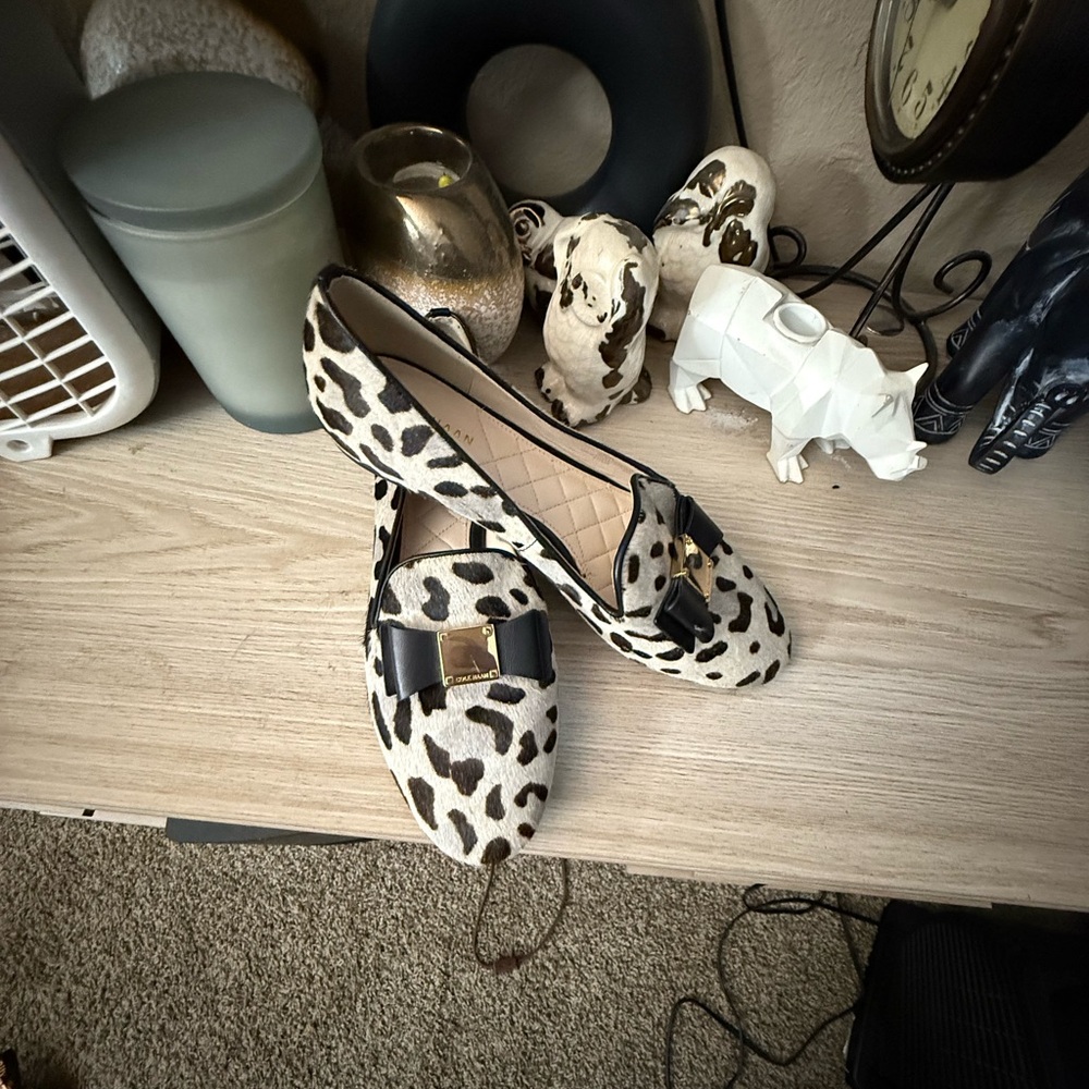 Cole Haan Leopard Print Loafers with Black Bow